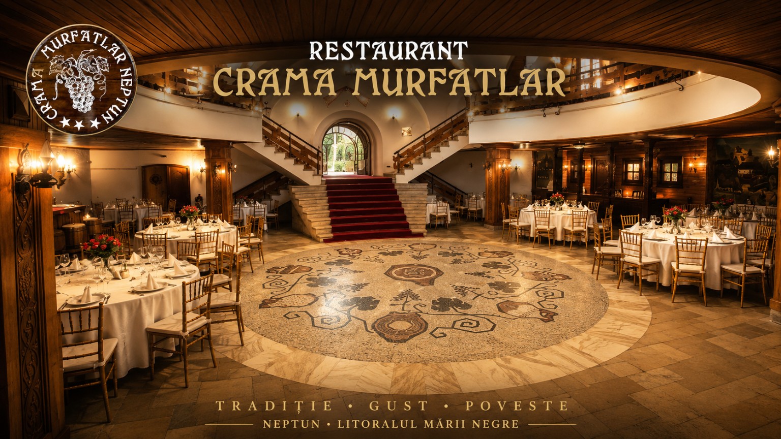 Interiorul Cramei Murfatlar Neptun, cu scara centrală, mozaicul și mesele pregătite