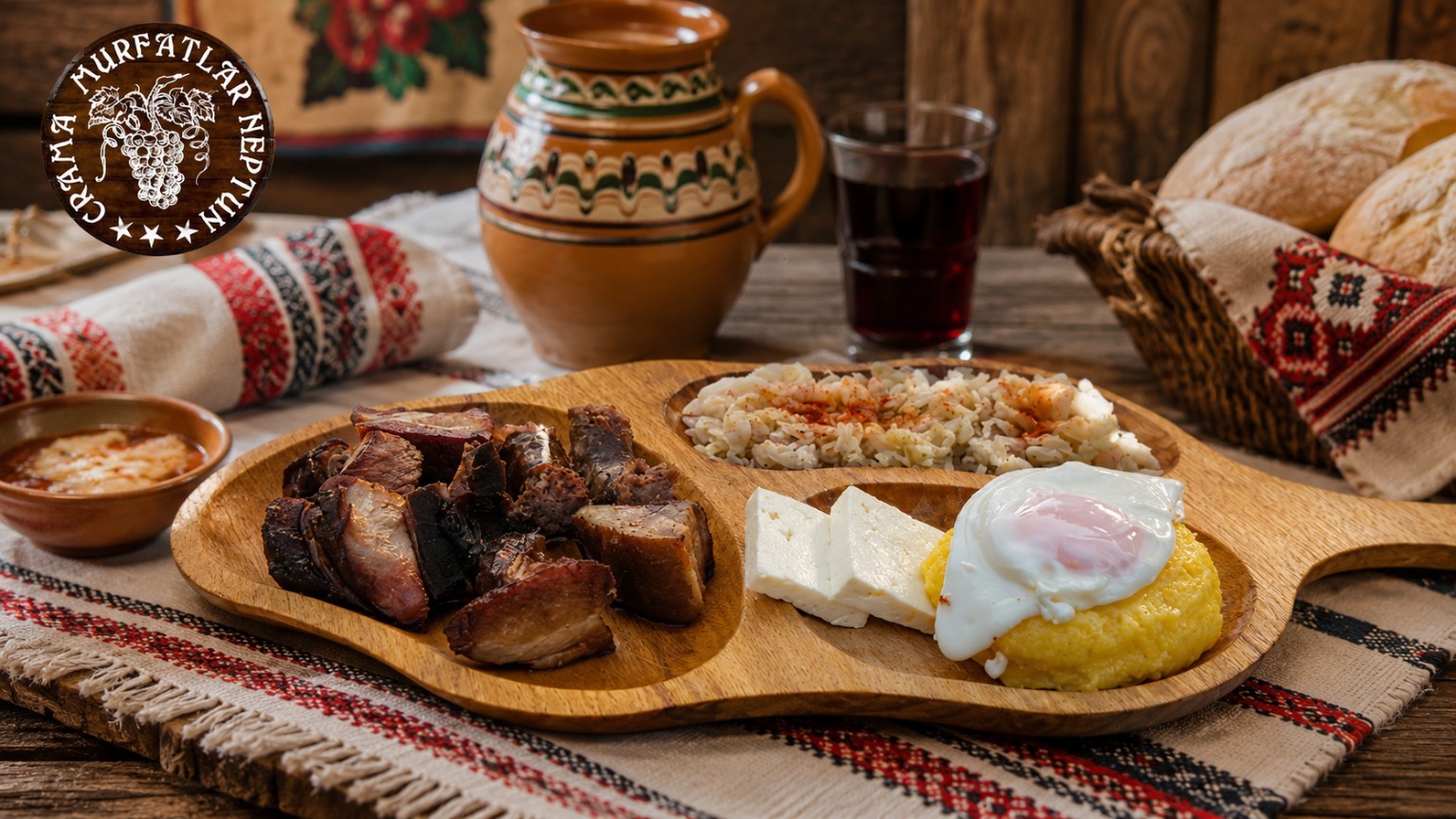 Carne de porc la garniță cu mămăligă, ou și brânză